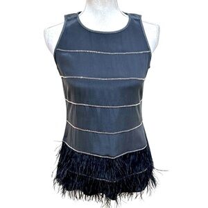 EE by Etcetera 100% silk gray sleeveless top with feather bottom trim size 2